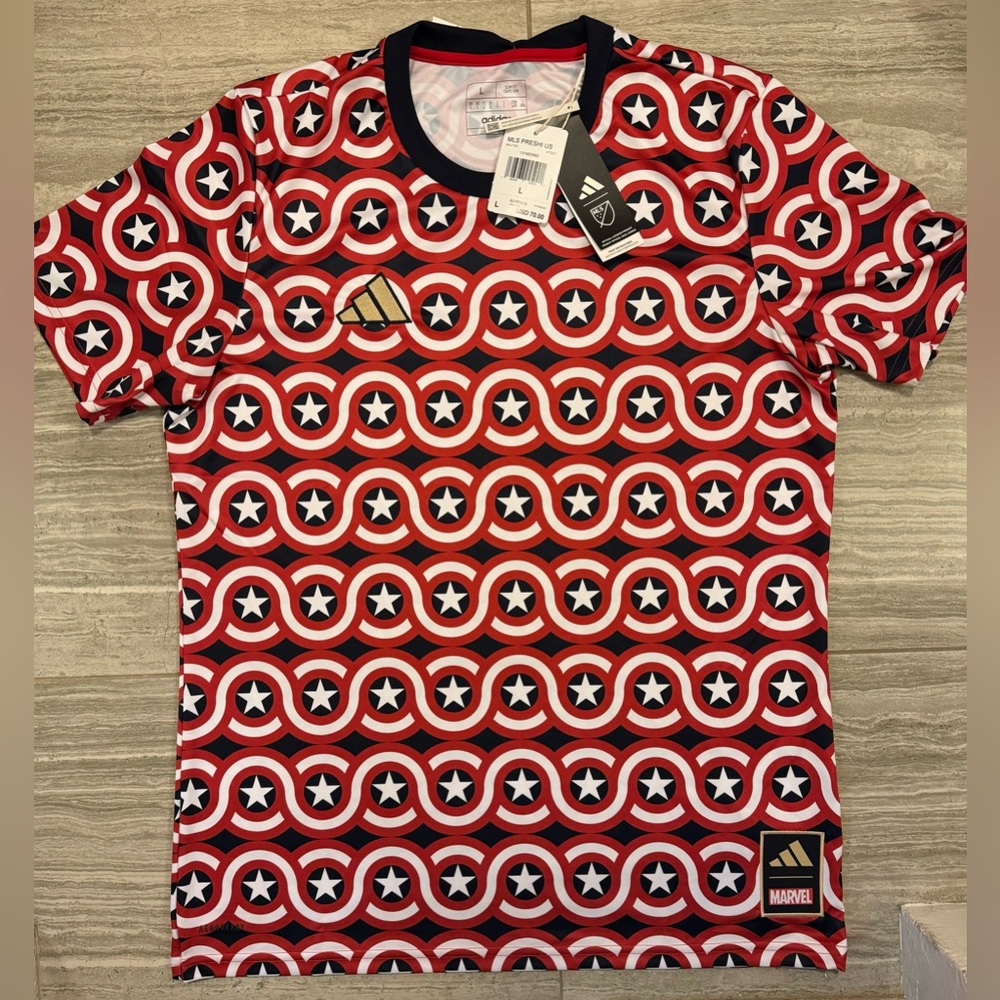 Adidas MLS x Marvel Captain America Prematch Soccer Jersey HT3237 ~ Size Large